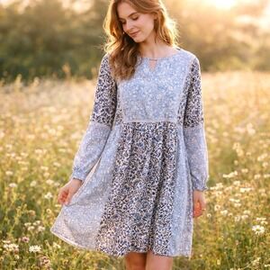 Sahalie Patchwork Floral Dress Large L Blue White Boho Ladder Lace Long Sleeve‎